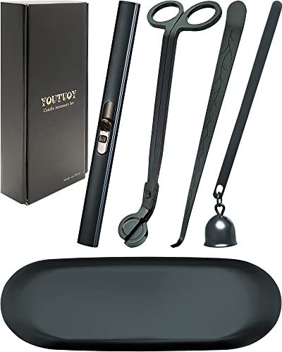 5 in1 Candle Accessory Set with Rechargeable Candle Lighter, Candle Wick Trimmer, Candle Wick Snuffer, Candle Wick Dipper, Storage Tray Plate, Candle Care Kit (Matte Black)