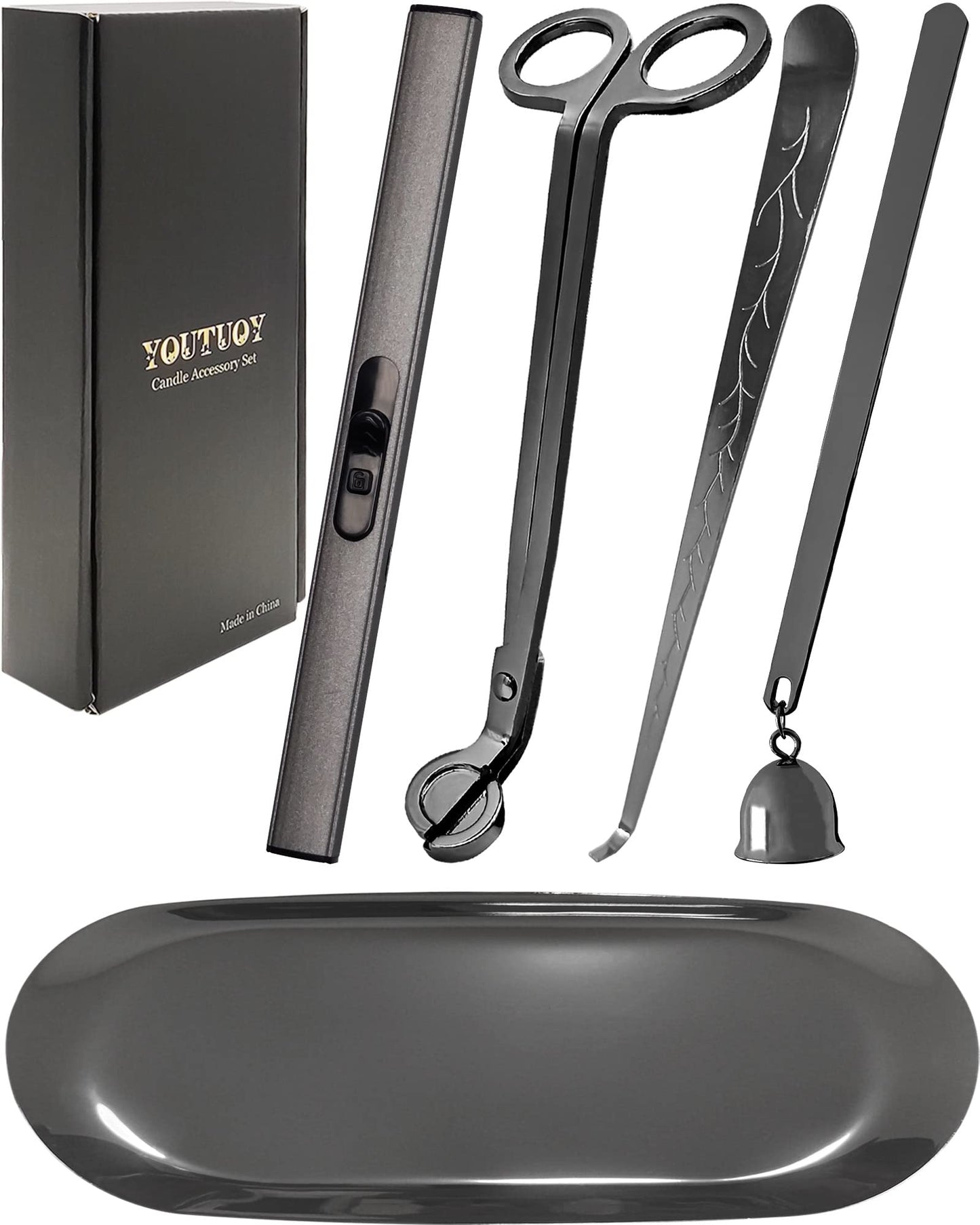 5 in1 Candle Accessory Set with Rechargeable Candle Lighter, Candle Wick Trimmer, Candle Wick Snuffer, Candle Wick Dipper, Storage Tray Plate, Candle Care Kit (Matte Black)
