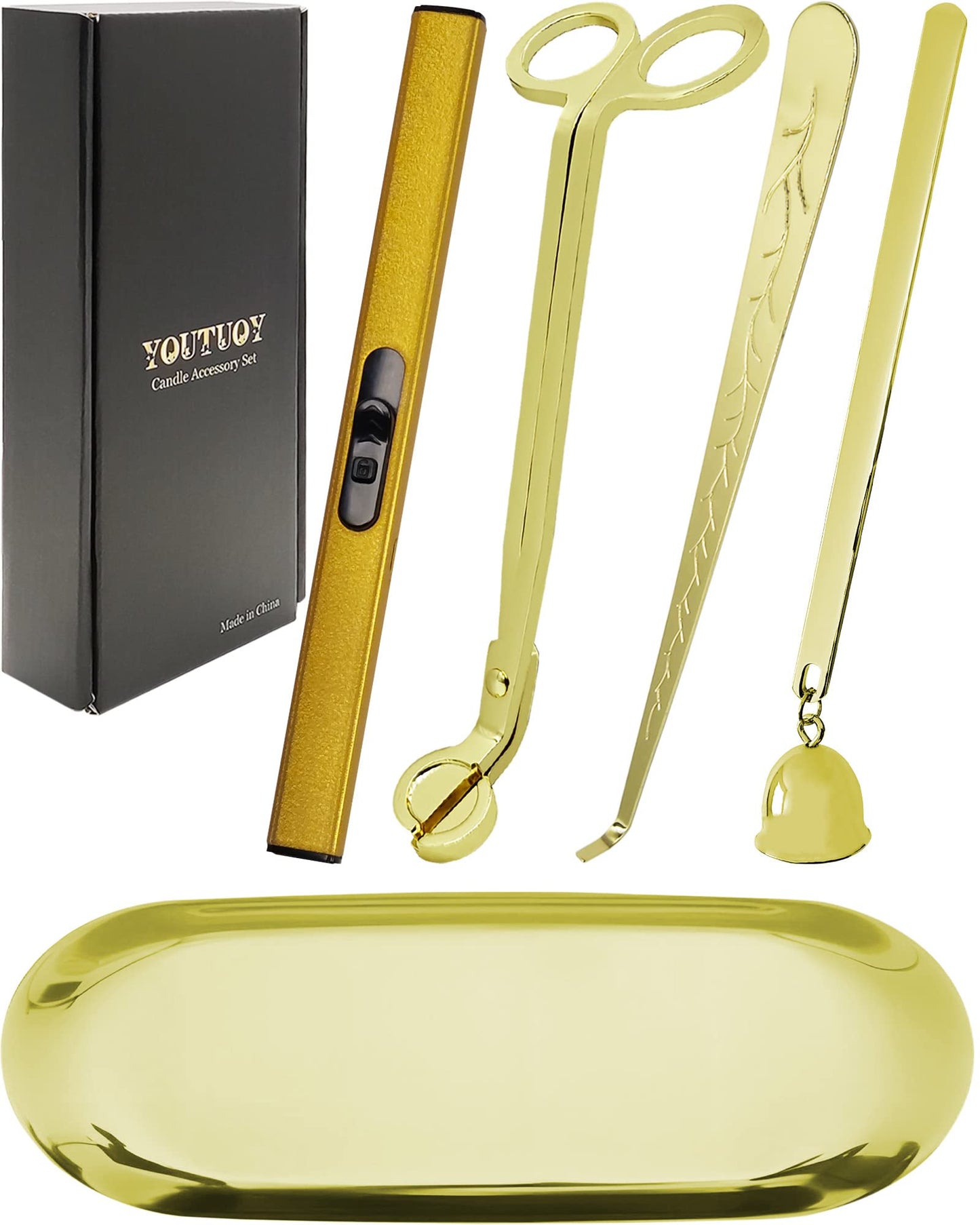 5 in1 Candle Accessory Set with Rechargeable Candle Lighter, Candle Wick Trimmer, Candle Wick Snuffer, Candle Wick Dipper, Storage Tray Plate, Candle Care Kit (Matte Black)