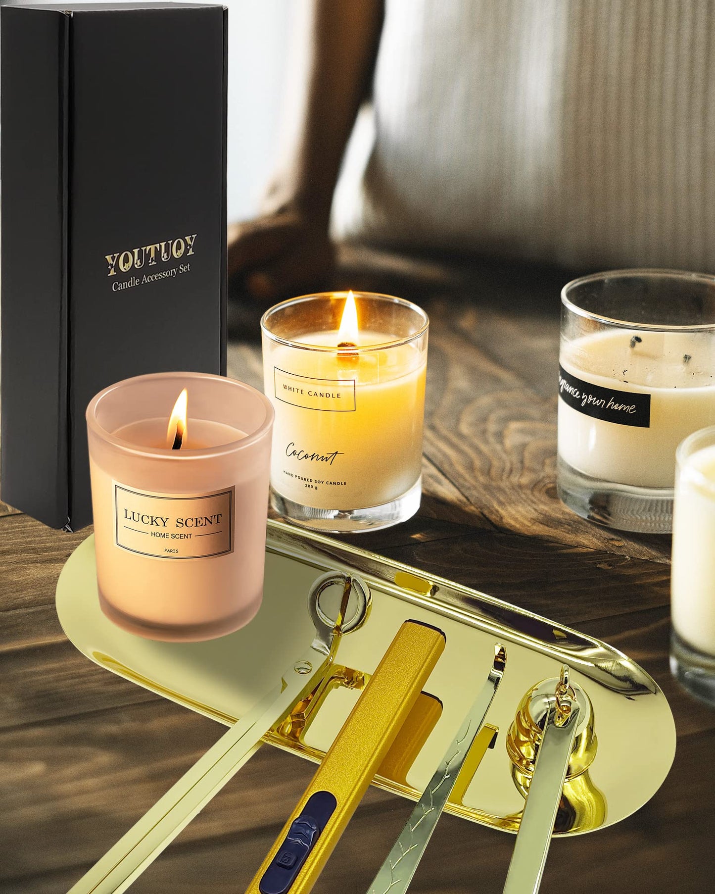 5 in1 Candle Accessory Set with Rechargeable Candle Lighter, Candle Wick Trimmer, Candle Wick Snuffer, Candle Wick Dipper, Storage Tray Plate, Candle Care Kit (Matte Black)