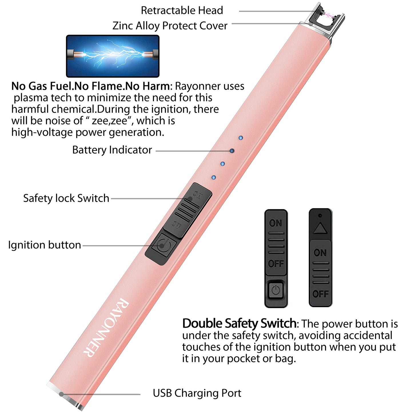 RAYONNER Candle Lighter Plasma Arc Lighters Windproof Flameless with USB Rechargeable Battery Double Safety Switch (1Pack, Rose Gold)