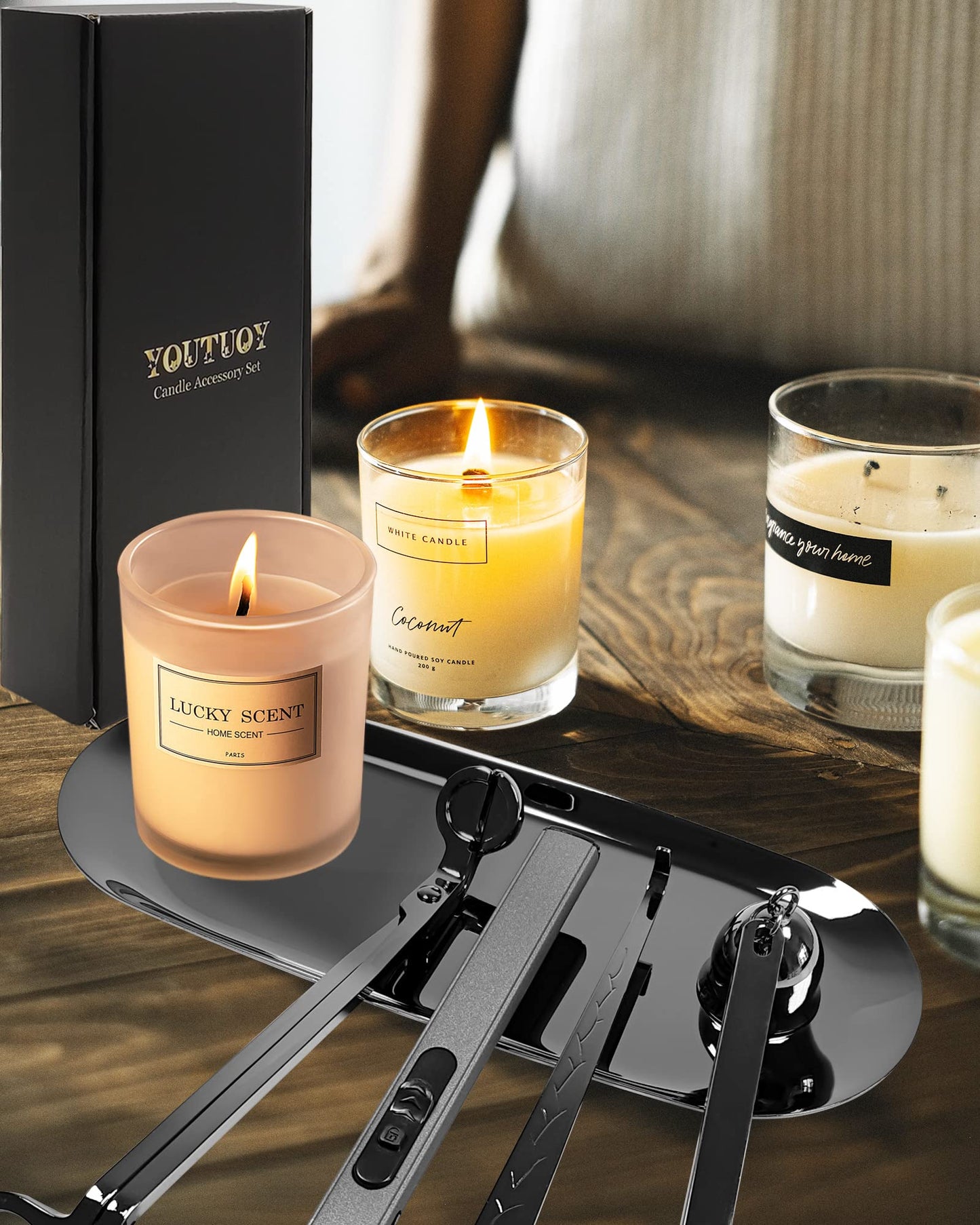 5 in1 Candle Accessory Set with Rechargeable Candle Lighter, Candle Wick Trimmer, Candle Wick Snuffer, Candle Wick Dipper, Storage Tray Plate, Candle Care Kit (Matte Black)