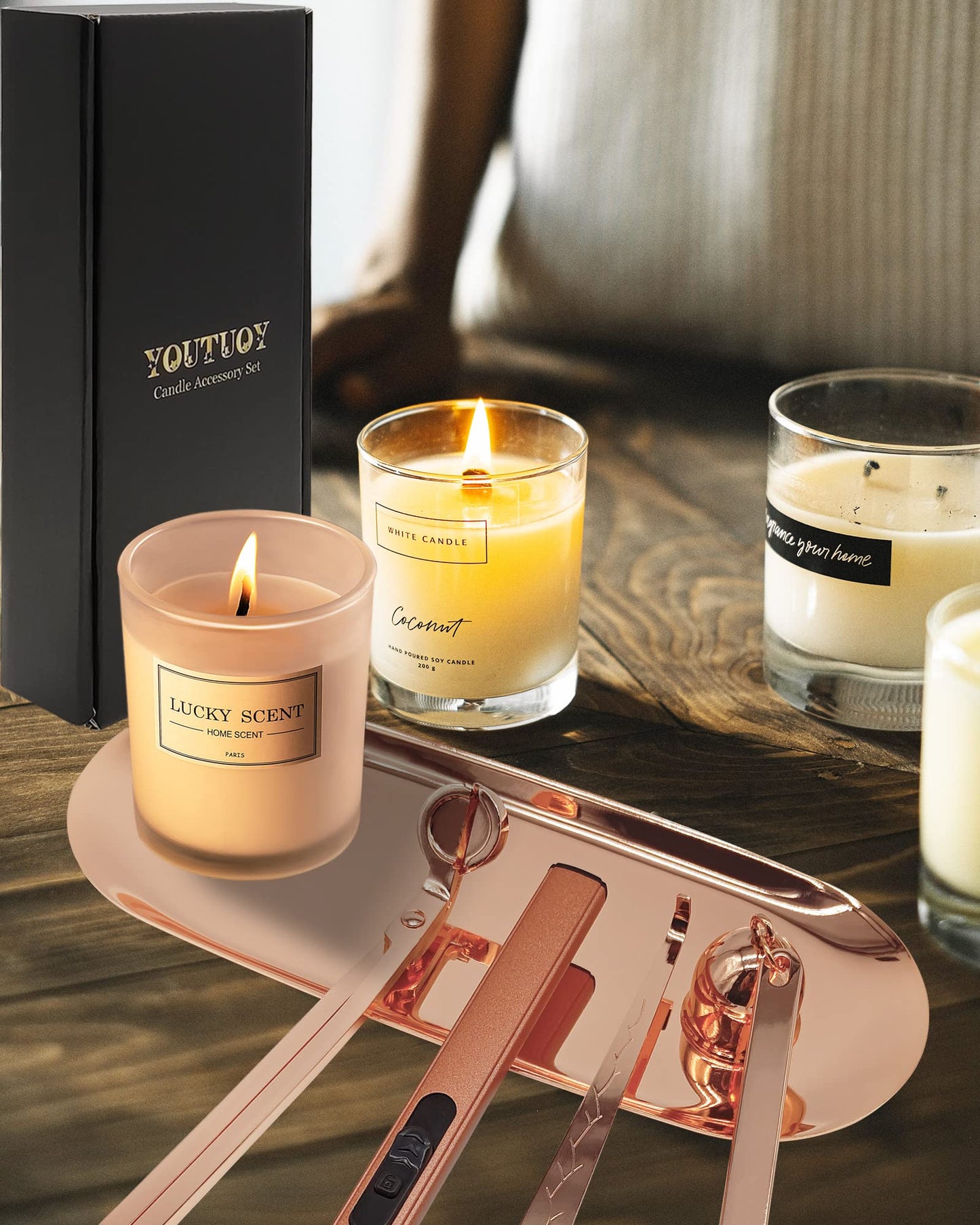 5 in1 Candle Accessory Set with Rechargeable Candle Lighter, Candle Wick Trimmer, Candle Wick Snuffer, Candle Wick Dipper, Storage Tray Plate, Candle Care Kit (Matte Black)